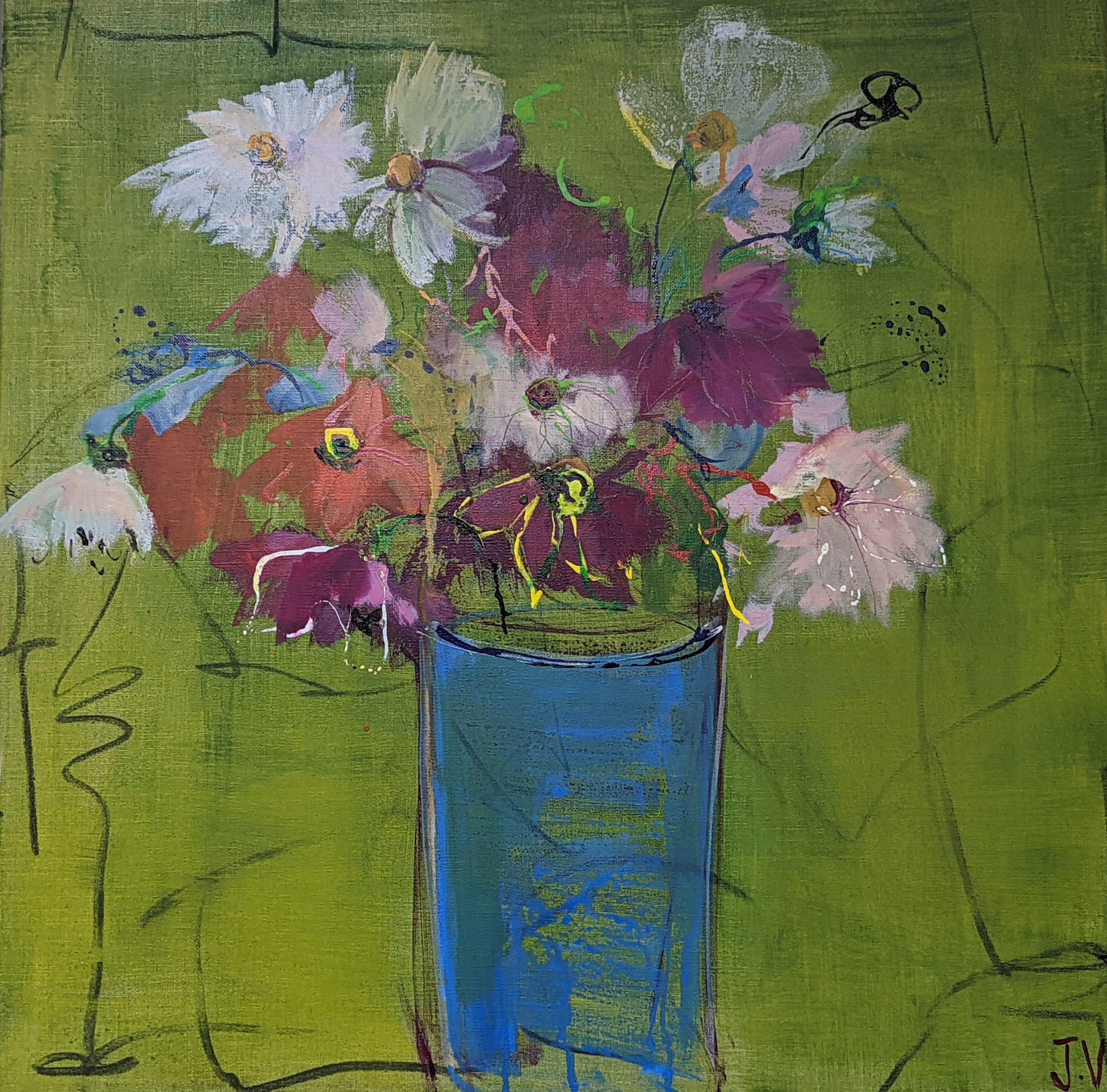 Jo Volten, acrylic on canvas, Blue vase on green with summer flowers, initialled and dated 2020, 60 x 60cm